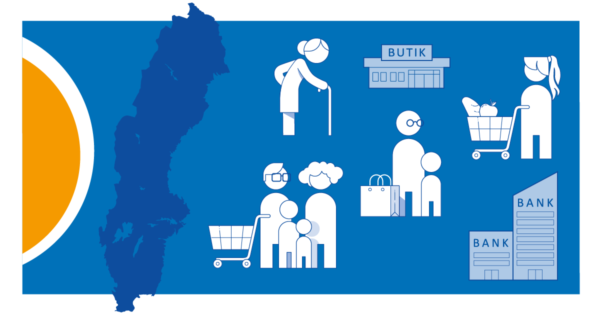 Illustration with a map of Sweden. Next to it are a shop and two bank buildings. Next to the buildings are people, an elderly woman with a cane, a young woman with a shopping cart, an adult and a child with a shopping bag, and a family with children with a shopping cart.