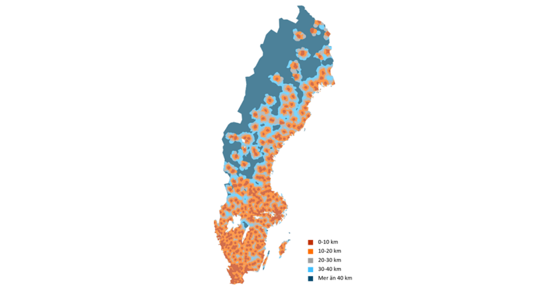 Sverige-karta som visar att avstånden till betalningsförmedling kan vara stora i norra Sverige.