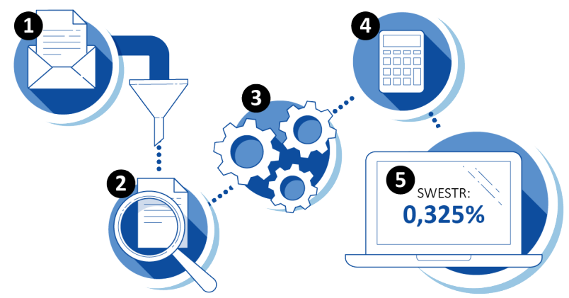 Illustration over the process for the publication of SWESTR. 1. Reporting, 2: Review, 3: Data processing, 4: Calculation, 5: Publication.