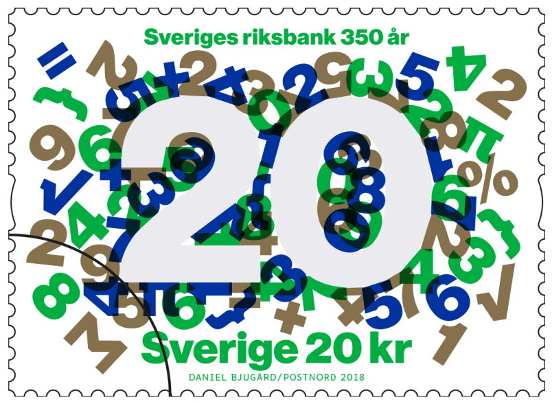 Frimärke Riksbanken 350 år, 20 kr. Foto: PostNord