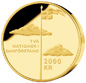 Fotografi av ett 2000-kronors minnesmynt i guld, frånsida, 100-årsminnet av unionsupplösningen mellan Sverige och Norge