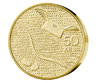 Fotografi av ett 50-kronors minnesmynt, frånsida, Nordic Gold, 150-årsminnet av Sveriges första frimärke