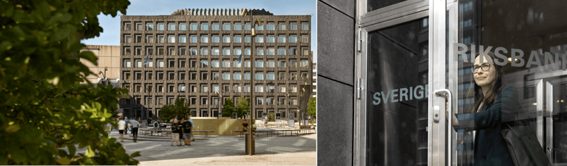 Riksbankshuset och kvinna vid huvudentrén står vid dörrarna