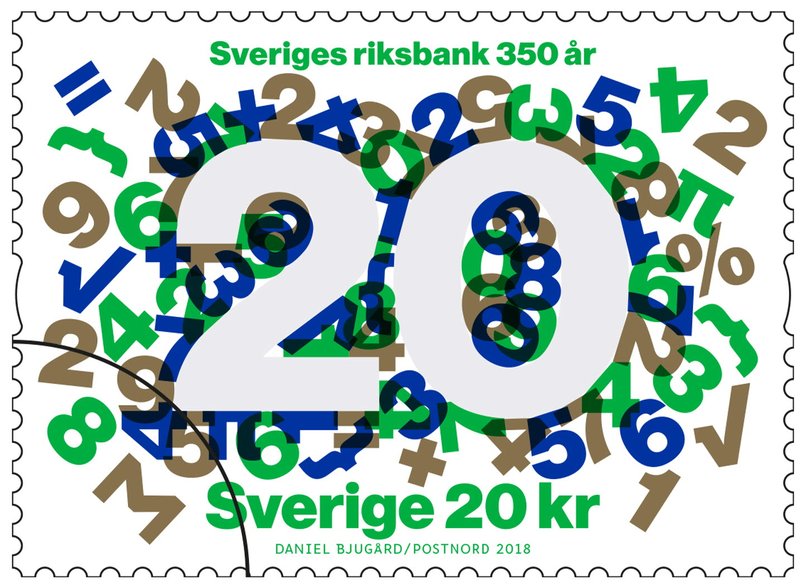 Frimärke Riksbanken 350 år, 20 kr. Foto: PostNord