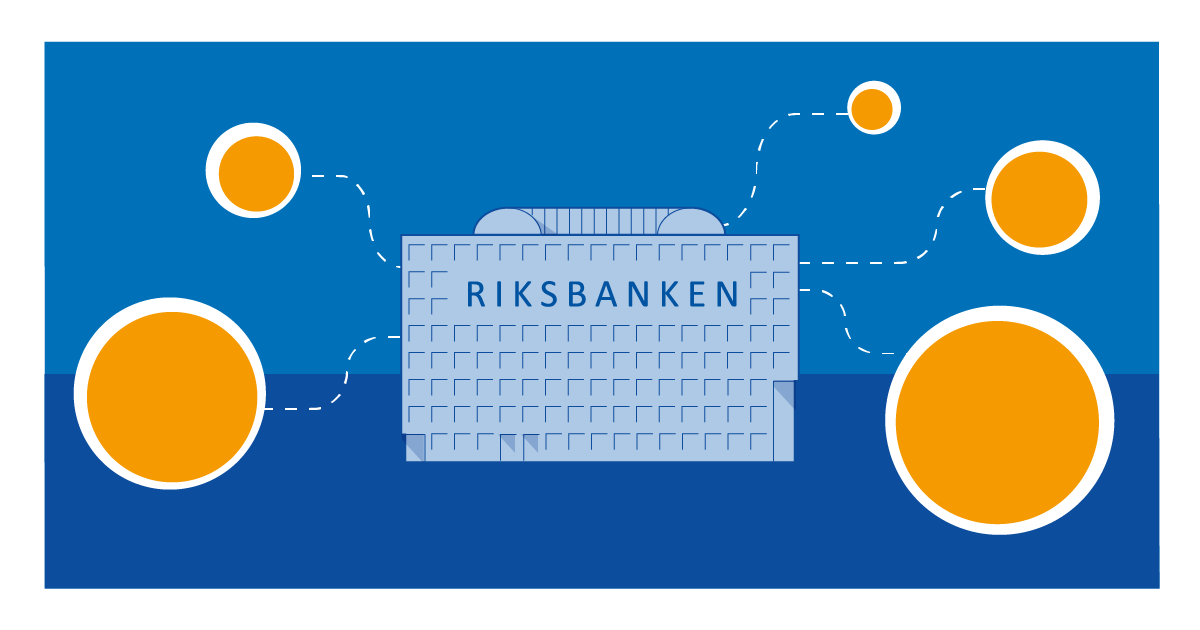 Illustration av Riksbankshuset. Från huset går streckade linjer till ett antal orangea cirklar.