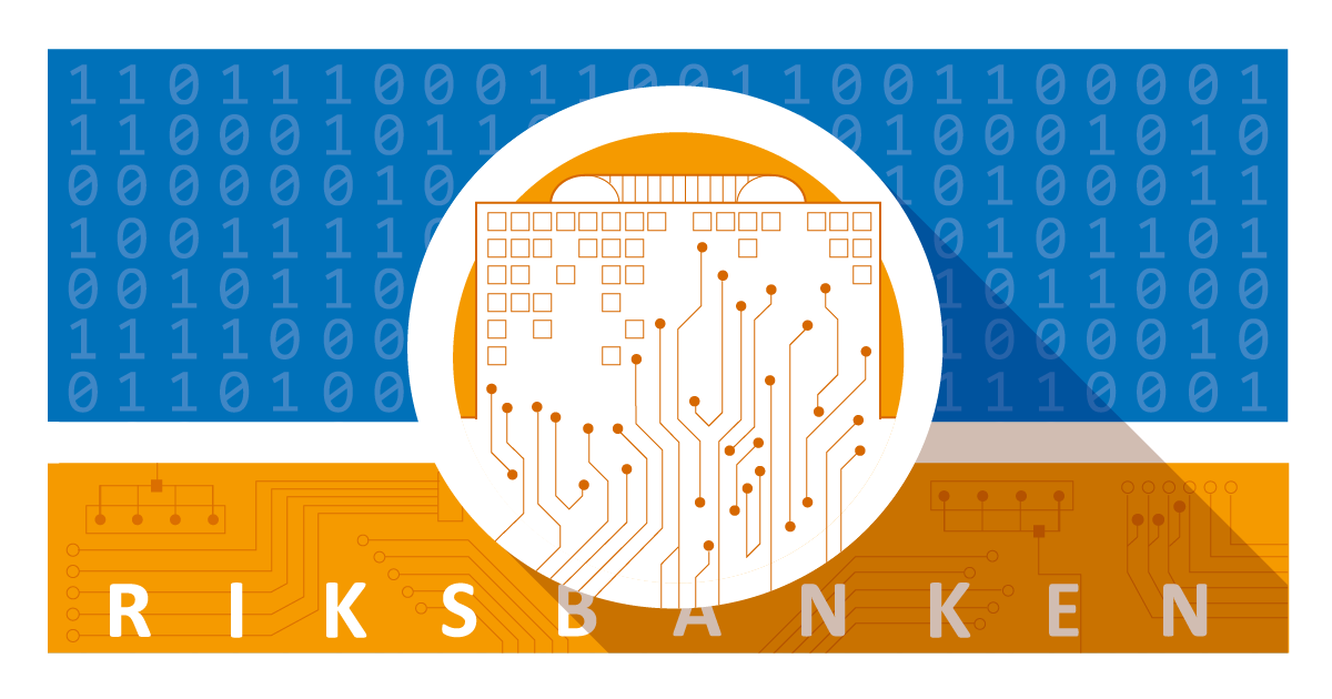 Illustration of the Riksbank house where half the house consists of circuit boards. In the background ones and zeros.