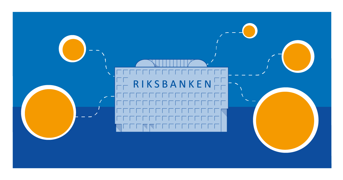 Illustration of the Riksbank house. Dashed lines run from the house to a number of orange circles.