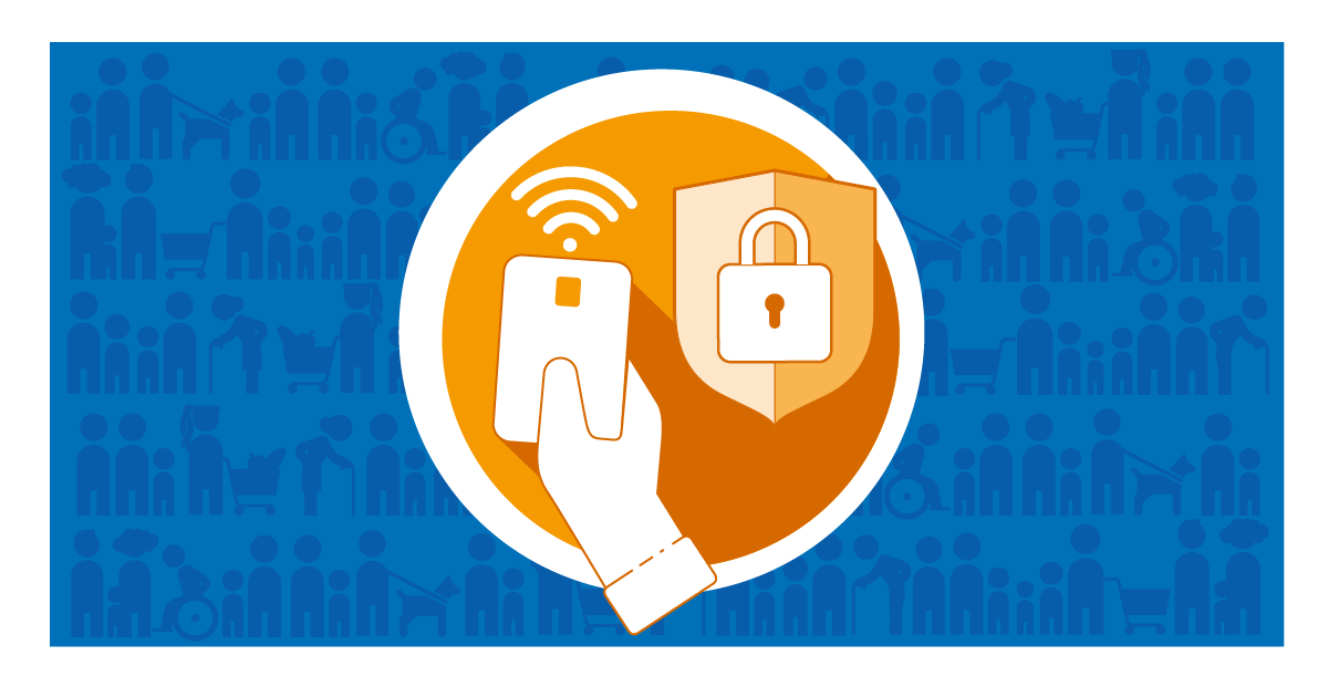 Illustration with an orange circle with a hand and a payment card and a shield with a padlock on it. The background is covered by people in various forms.