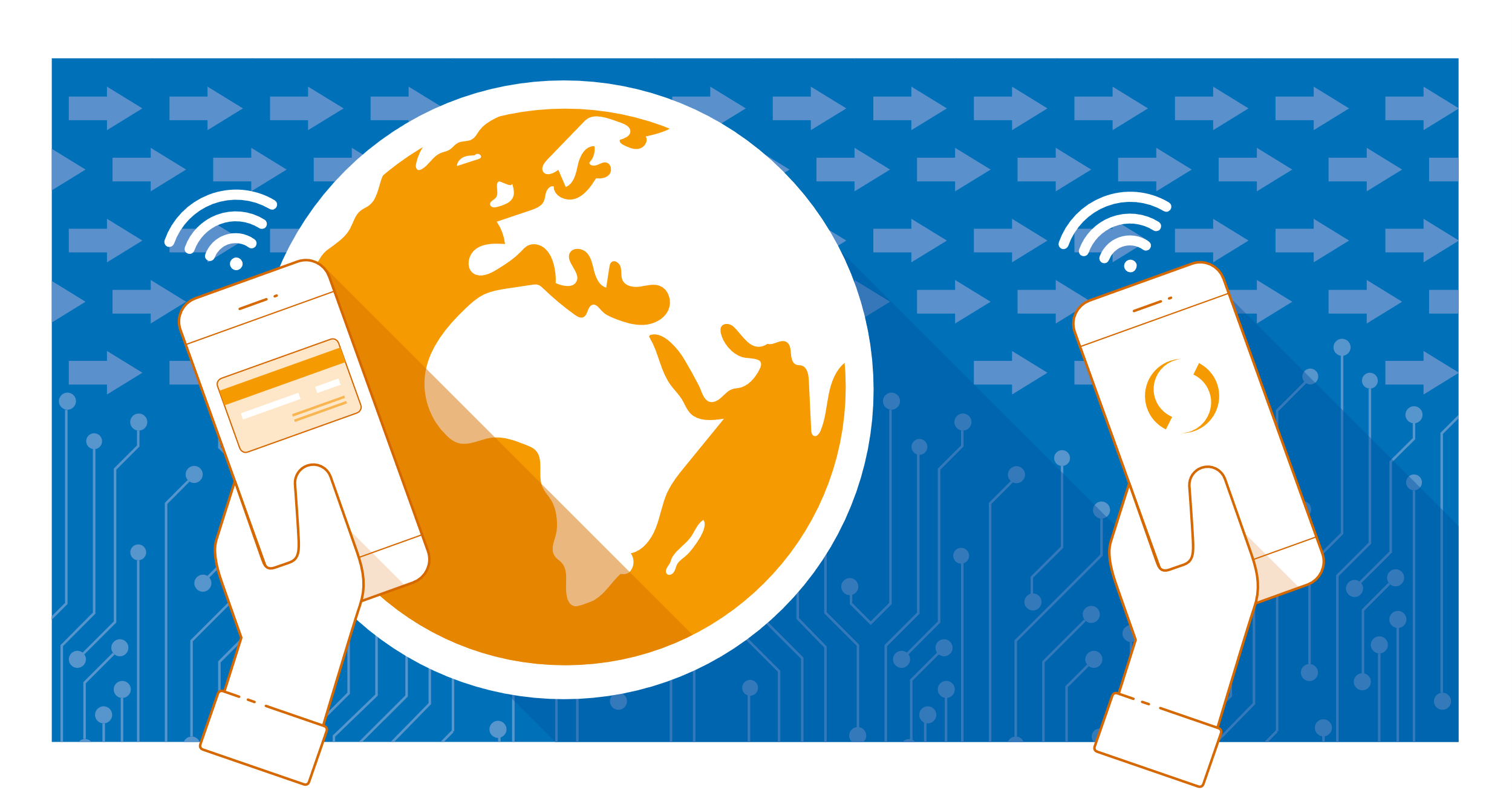 A globe and two hands holding mobile phones. One mobile phone screen shows a credit card, the other screen the Swish logo. The background consists of arrows pointing to the right.