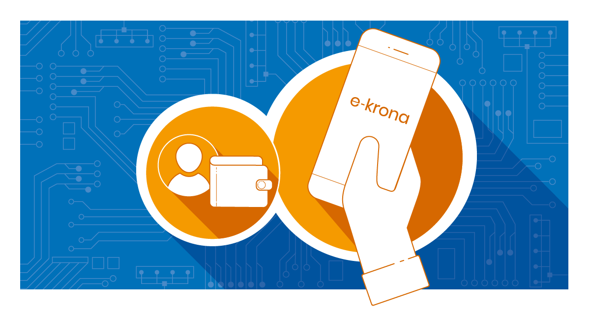 Kretskort bakom en hand med en mobiltelefon, det står E-krona på skärmen. En plånbok och symbol för en användare. 