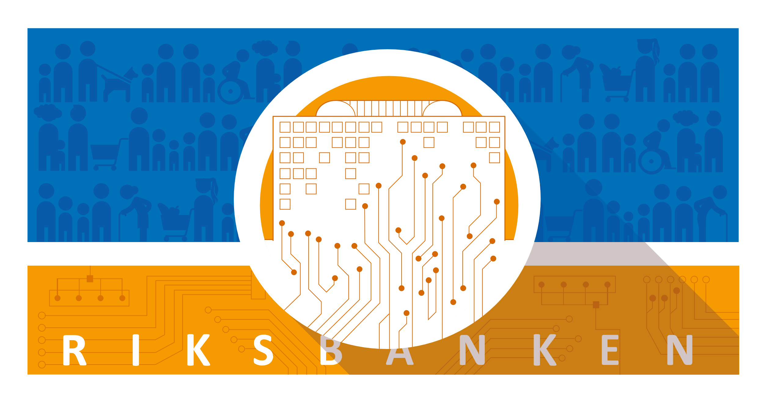 Illustration of the Riksbank building where half of the building consists of circuit boards. The background is covered by silhouettes of people.