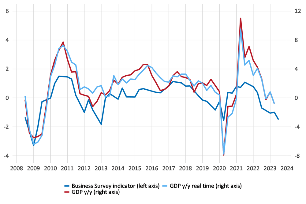 The Business Survey indicator and annual percentage change in GDP 