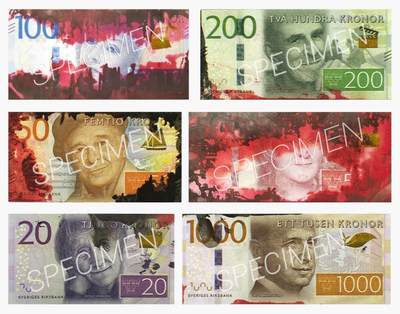 Bild på skyddsinfärgade sedlar